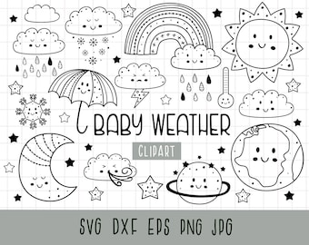 Weather Clipart set, Cloud svg, Sun  clipart, Rainbow svg,  Snow clipart, Rain clipart,  Black and White, Weather svg, Commercial use