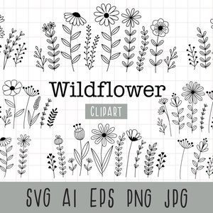 Bundle Svg de fleurs sauvages, prairie de fleurs Svg, bordure fleurie SVG, clipart fleurs sauvages, fleur minimaliste Png, png jardin botanique, SVG floral