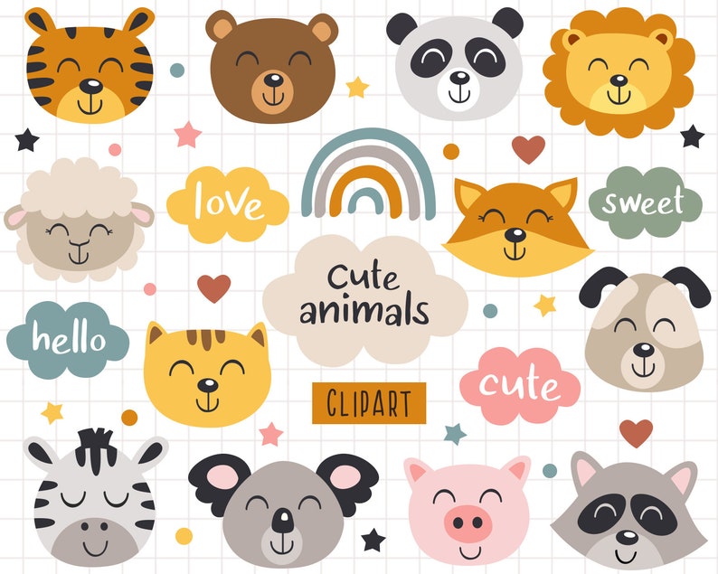 Pode incluir: Um conjunto de ilustra&ccedil;&otilde;es de animais fofinhos em v&aacute;rias cores, incluindo um tigre, um urso, um panda, um le&atilde;o, uma ovelha, um gato, uma raposa, um c&atilde;o, uma zebra, um coala, um porco e um guaxinim. As ilustra&ccedil;&otilde;es s&atilde;o cercadas por nuvens com palavras como "love", "sweet", "hello", "cute" e "cute animals".