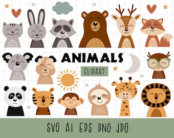 Clipart de animais, animais de safári em SVG, animais da floresta, animais da mata, animais da selva em SVG, filhotes de animais fofos em SVG, uso comercial