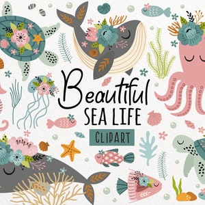 Floral Sea Life Clip Art, Ozean Tiere svg, Boho Meerestier Clipart, Boho Wal svg, Oktopus, Qualle svg, Meeresschildkröte, kommerzielle Nutzung