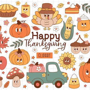 Groovy autumn clipart, Retro fall png, Thanksgiving png,  Hippie flower svg, Floral pumpkin, Leaves, Groovy thanksgiving clipart,Turkey