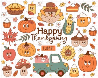 May include: A set of Thanksgiving clipart featuring a variety of cute characters and objects, including pumpkins, turkeys, acorns, corn, a pie, a truck, and a sunflower. The text "Happy Thanksgiving" is written in a whimsical font.
