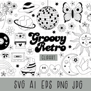 Retro vibes digitale clipartset, zwart-wit, groovy hippie, retro bloemen, retro regenbogen SVG, jaren 90 nostalgie clipart, Daisy smiley face