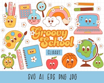 Groovy school clipart, Retro back to school, Education clipart, School bus, school supplies, Groovy teacher PNG, SVG, EPS, Education