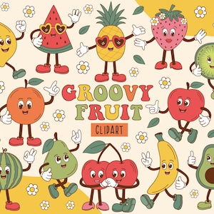 Retro Groovy Fruits, Obst Clipart, Retro Sommer Clipart, Groovy Charaktere SVG, Obst Charakter, Beeren PNG, Cartoon Früchte, süße Früchte