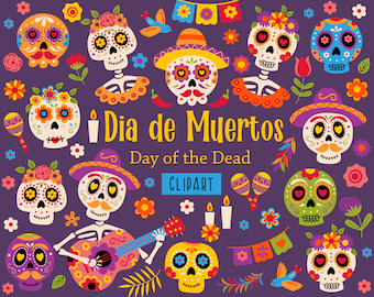 Dia De Los Muertos Clipart, Sugar Skull SVG, Sugar Skull Clip Art, Day of the Dead Digital files, Mexican, Halloween PNG Set, Calavera,