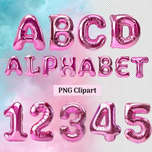 Clipart dell'alfabeto con palloncino in lamina 3D, alfabeto con palloncino per feste, alfabeto rosa con palloncino in formato PNG, set di clipart con lettere PNG, numeri, carattere palloncino