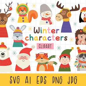 Svg animaux hiver, hiver personnages clipart, clipart animaux de Noël, clipart animaux de la forêt de Noël, wapiti, cerf, renard, usage Commercial