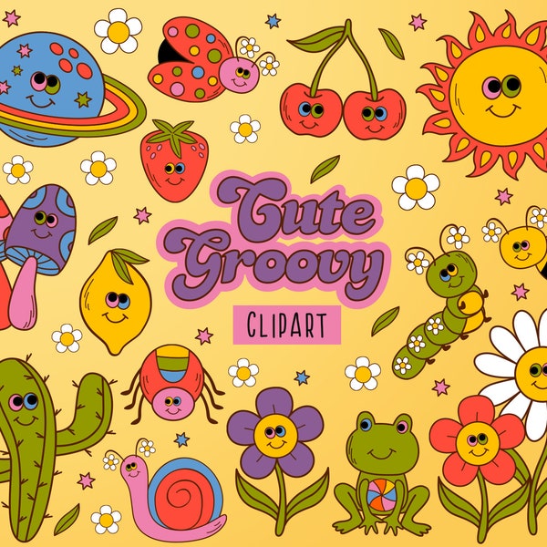 Retro Character Design, Sun, Mushrooms, Daisy, Groovy Flowers, Hippie Clipart, Cartoon Retro Characters, Vintage Retro Cartoon, Summer