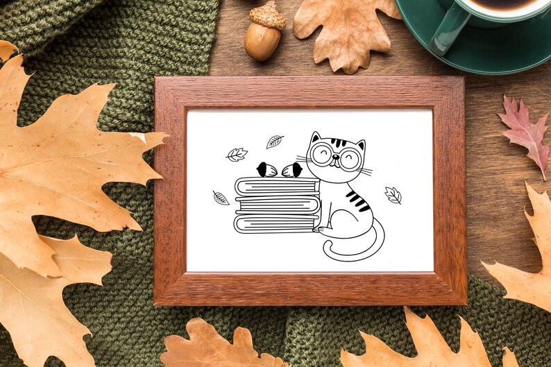 Höstboksclipart, Retro höstläsning png, Mysiga läsare png, Söt höstclipart, Bokälskare clipart, Retro höstböcker, svartvitt bild 4