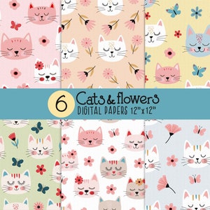 Cat digital paper, Happy kitten patterns, Seamless Cats Background, Flower Backgrounds, Cute Cats Pattern, Cute Digital Paper with cats,
