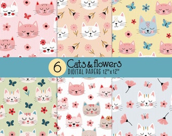 Cat digital paper, Happy kitten patterns, Seamless Cats Background, Flower Backgrounds, Cute Cats Pattern, Cute Digital Paper with cats,