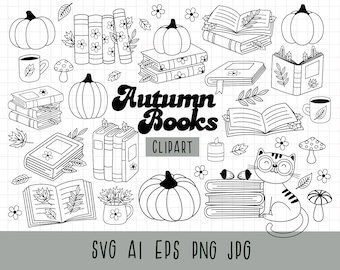 Fall bookish clipart, Retro autumn reading png, Cozy readers png, Cute Fall Clipart, Book lover clipart, Retro Fall Books, black and white
