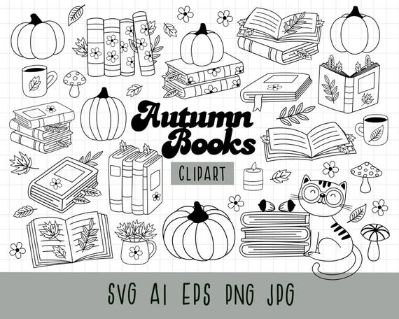 Fall bookish clipart, Retro autumn reading png, Cozy readers png, Cute Fall Clipart, Book lover clipart, Retro Fall Books, black and white