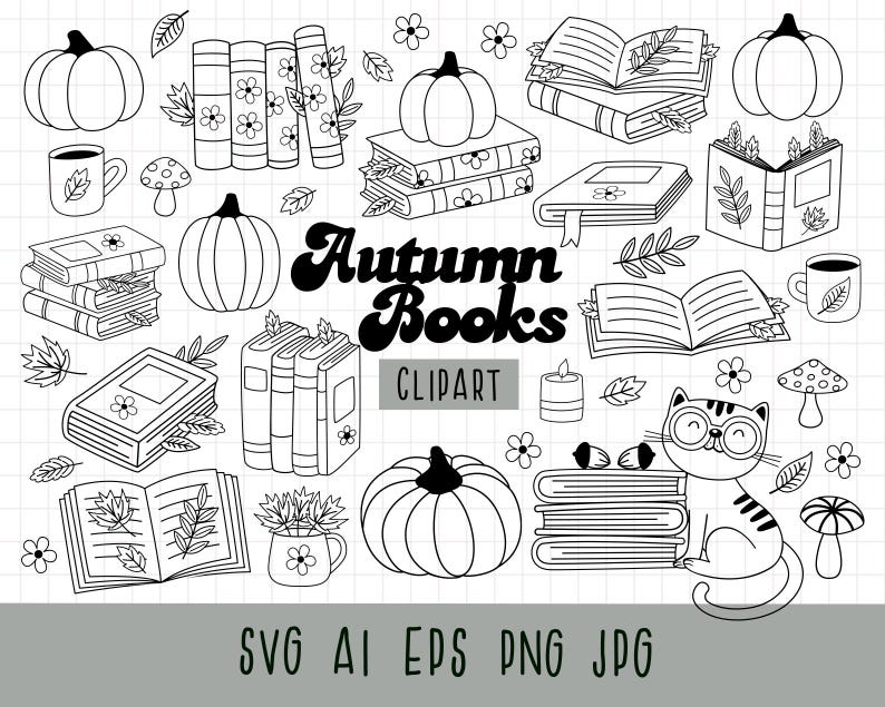 Höstboksclipart, Retro höstläsning png, Mysiga läsare png, Söt höstclipart, Bokälskare clipart, Retro höstböcker, svartvitt bild 1