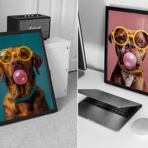 May include: Framed print featuring a dog wearing yellow glasses and blowing a pink bubble. The dog has brown fur and a blue collar. The background is teal. A fun and quirky piece of wall art.