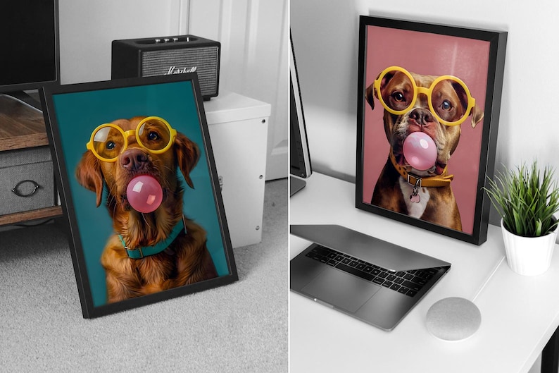 May include: Framed print featuring a dog wearing yellow glasses and blowing a pink bubble. The dog has brown fur and a blue collar. The background is teal. A fun and quirky piece of wall art.