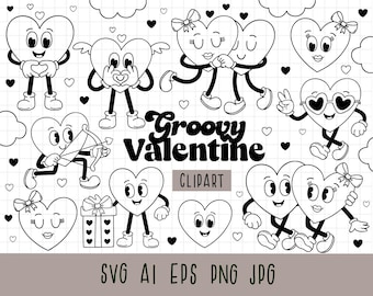 Retro Alla hjärtans dag Clipart, groovy roliga romantiska karaktärer, Groovy Alla hjärtans dag Clipart, Alla hjärtans dag hjärta, Hippie kärlek SVG, svartvitt