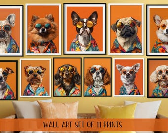 May include: A set of eleven framed art prints featuring dogs wearing sunglasses and Hawaiian shirts against an orange background. The text "WALL ART SET OF 11 PRINTS" is displayed at the bottom. The prints are in white and black frames.