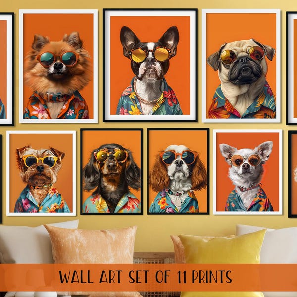 Tropisch hondenportret met Hawaiiaans shirt, zomerhond kunst aan de muur, hondenprint, tropische huisdier print, honden met zonnebril, dierenmuurdecoratie