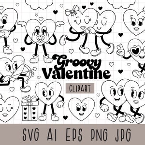 Retro Valentine Day Clipart, groovy Spaß romantische Charaktere, Groovy Valentine Clipart, Valentine Heart, Hippie Love SVG, schwarz und weiß