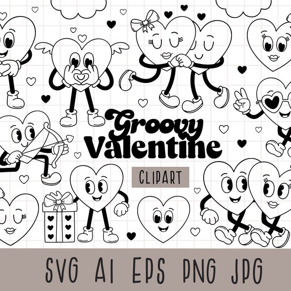 Retro Valentine Day Clipart, groovy fun romantic characters, Groovy Valentine Clipart, Valentine Heart, Hippie Love SVG, Black and white