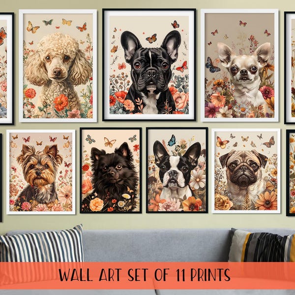Afdrukbare kunst hond met bloemen, bloemen hond muurkunst print, hondenposters, hond print, bloemen puppy schilderij, portret hond, dierenmuur decor