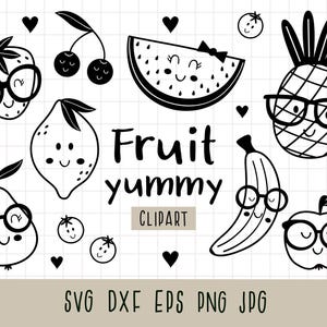 Paquete SVG de frutas, SVG de frutas tropicales, SVG de frutas kawaii, PNG de frutas lindas, manzana, cerezas, piña, fresa, sandía. Uso comercial.