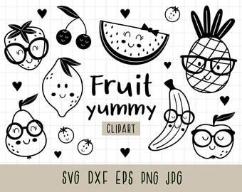 Frukt SVG-paket, tropisk frukt SVG, kawaii frukter SVG, söta frukter png, äpple, körsbär, ananas, jordgubb, vattenmelon kommersiellt bruk