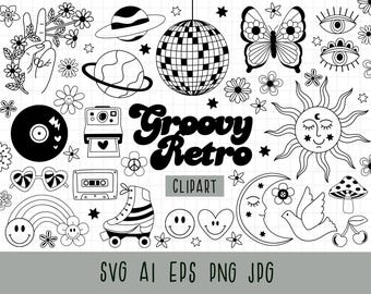 Digital clipart-set med retrovibbar, svartvitt, groovy hippie, retroblommor, retroregnbågar SVG, 90-talsnostalgi clipart, daisy-smiley