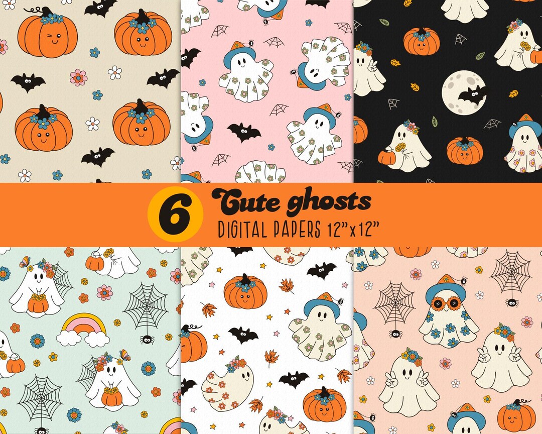 Halloween Ghost and Pumpkin Seamless Pattern, Retro Floral Ghost ...