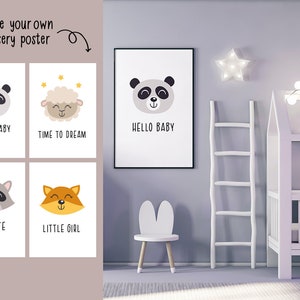 Pode incluir: Um conjunto de cartazes de ber&ccedil;&aacute;rio imprim&iacute;veis com ilustra&ccedil;&otilde;es de animais fofinhos e texto. Os cartazes incluem um panda, uma ovelha, um guaxinim e uma raposa. O texto nos cartazes inclui "Hello Baby", "Time to Dream", "Be Cute" e "Little Girl".