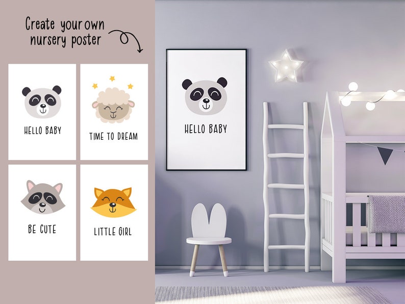 Pode incluir: Um conjunto de cartazes de ber&ccedil;&aacute;rio imprim&iacute;veis com ilustra&ccedil;&otilde;es de animais fofinhos e texto. Os cartazes incluem um panda, uma ovelha, um guaxinim e uma raposa. O texto nos cartazes inclui "Hello Baby", "Time to Dream", "Be Cute" e "Little Girl".