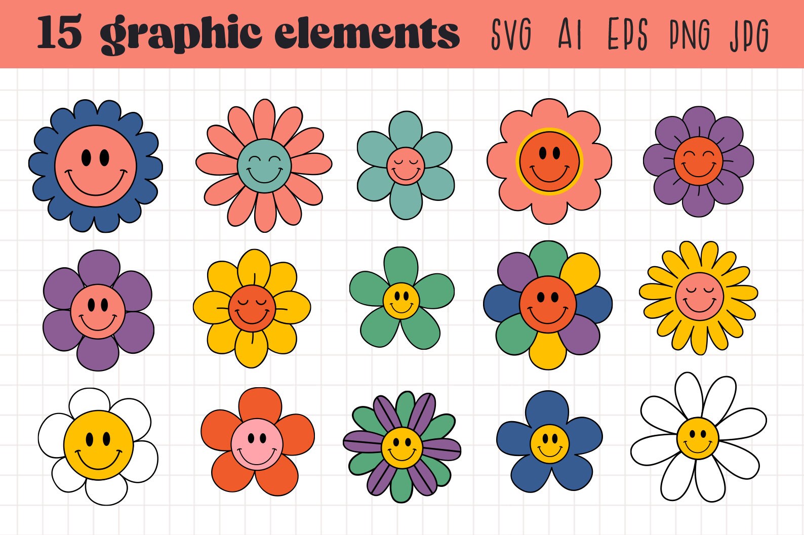 Retro Flowers Clipart, Hippie Clipart, Groovy Florals Clipart, Groovy ...
