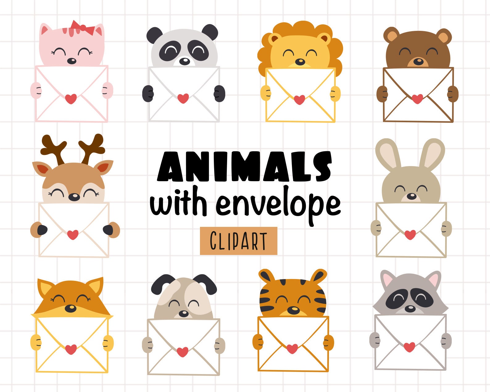 Cute Animals With Envelope Clipart, Envelope Clipart, Valentine Animals