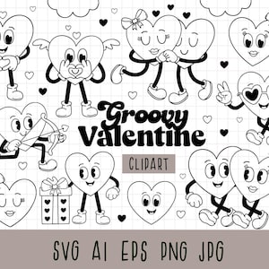Retro Valentine Day Clipart, groovy fun romantic characters, Groovy Valentine Clipart, Valentine Heart, Hippie Love SVG, Black and white