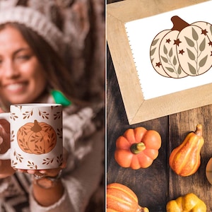 May include: A white ceramic mug with a pumpkin design and a wooden framed print of a pumpkin illustration. Decorative pumpkins in various shapes and colors are arranged on a wooden surface, creating a fall theme.