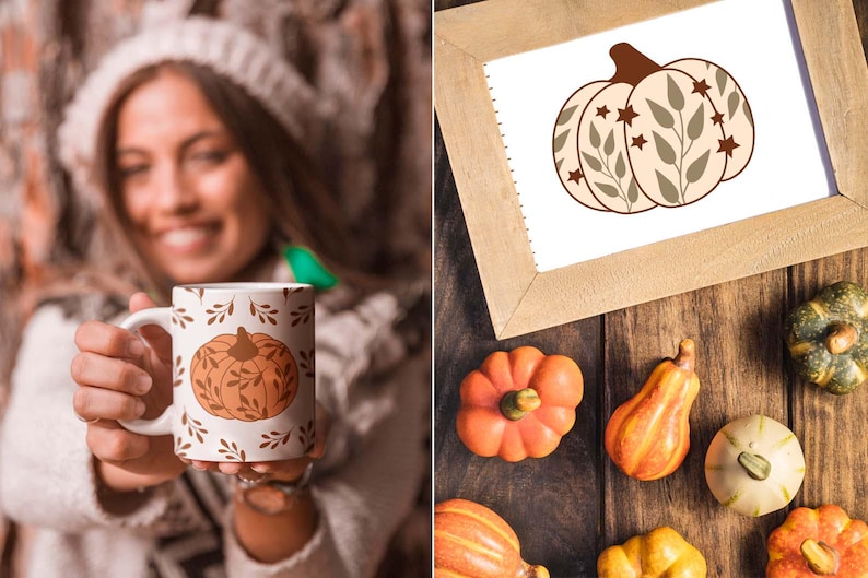 May include: A white ceramic mug with a pumpkin design and a wooden framed print of a pumpkin illustration. Decorative pumpkins in various shapes and colors are arranged on a wooden surface, creating a fall theme.