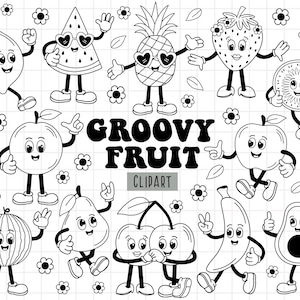 Retro Groovy Fruits,  Fruit Clipart, Retro Summer Clipart, Groovy Characters SVG, Fruits character, Berries PNG,Cartoon fruits, Cute fruits
