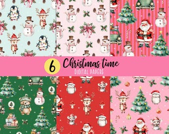 Watercolor Christmas Digital Paper Set, Festive Patterns, Scrapbook Paper, Winter Patterns, Christmas Backgrounds ,Holiday Digital Paper