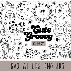 Retro Character Design, Sun, Mushrooms, Daisy, Groovy Flowers, Hippie Clipart, Cartoon Retro Characters, Vintage Retro, Black and white