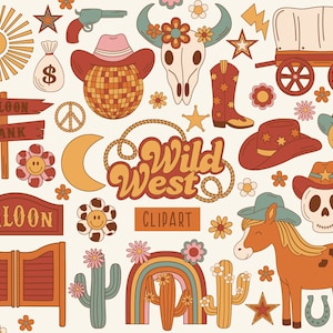Groovy hippie western, smiley cowboy, retro western rodeo, wilde westen clipart, schedel stier clipart, cowboy, madeliefje, cactus, geweer, laarzen, png SVG