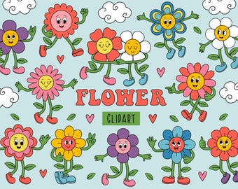 Clipart retrò con fiori, SVG con fiori fantastici, PNG con fiori hippie, PNG con cartoni animati fantastici, Personaggi dei cartoni animati SVG retrò, PNG con mascotte retrò
