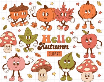 Groovy Autumn Clipart, Retro Autumn Clipart, Thanksgiving Day Png, Groovy retro Fall characters,  Groovy Autumn Vector,  Leaves ,  mushrooms