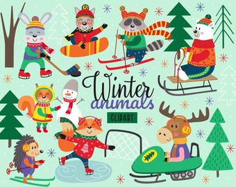 Cute Forest Animals Png, Winter Woodland Clipart, Winter sport clipart, Winter animals SVG, Woodland animals, Cute Winter Animal Clipart
