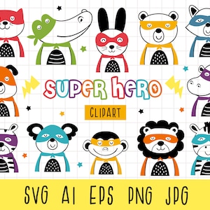 Niedliches Baby Tier Superheld Clipart, Tier svg-Dateien, Superheld svg, Boy Super Hero Geburtstag, Nilpferd, Bär, Katze, Hund, Löwe, kommerzielle Nutzung