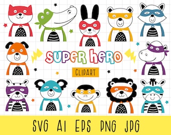 Cute Baby Animal Superhero Clipart, Animal svg files, Super hero svg, Boy Super Hero Birthday, hippo, bear, cat, dog, lion, Commercial Use