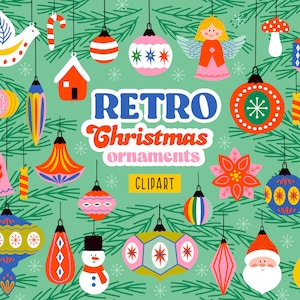 Clipart Noël, décorations de Noël rétro svg, décorations d'arbre vintage, jouets de Noël, clipart vacances, clipart hiver, Boho Xmas Png