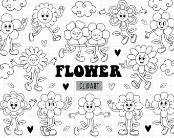 Clipart retrò con fiori, SVG con fiori fantastici, PNG con fiori hippie, PNG con cartoni animati fantastici, Personaggi dei cartoni animati SVG retrò, PNG con mascotte retrò
